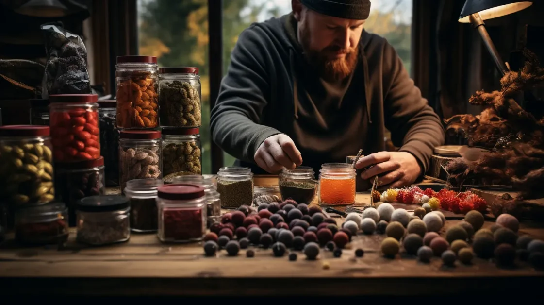 Angler making and sorting through a collection of carp baits and boilies