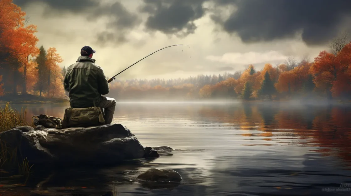Carp angler fishing on a misted lake