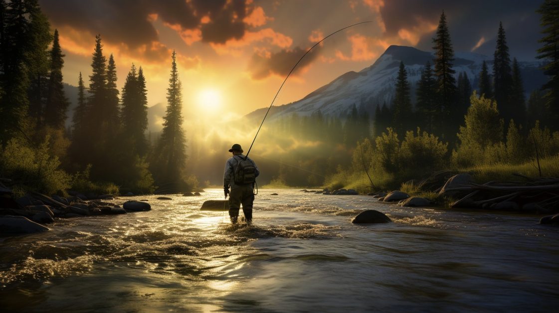 angler fly fishing for trout on a river