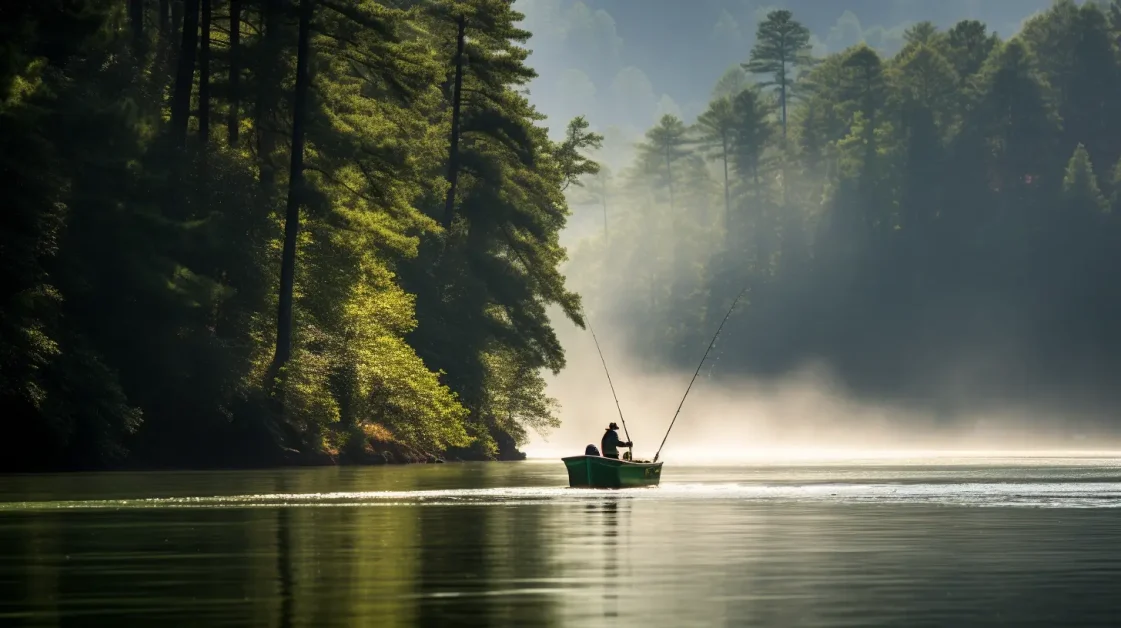 angler boat fishing for bass on the emerald green waters of Lake Murray