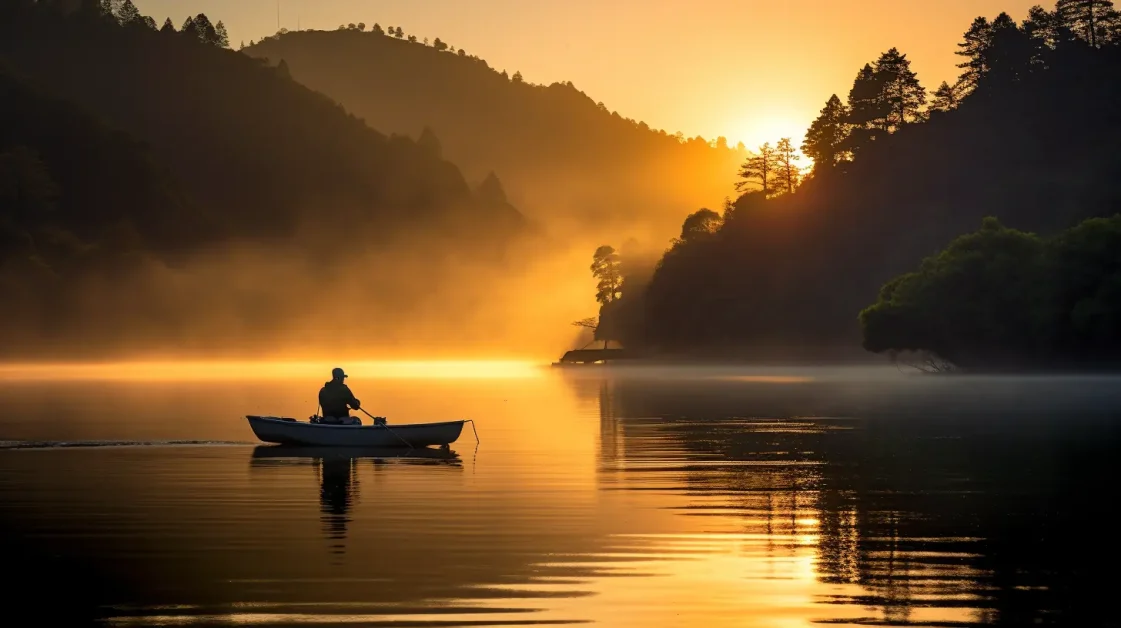bass angler at Lake Sonoma at dawn