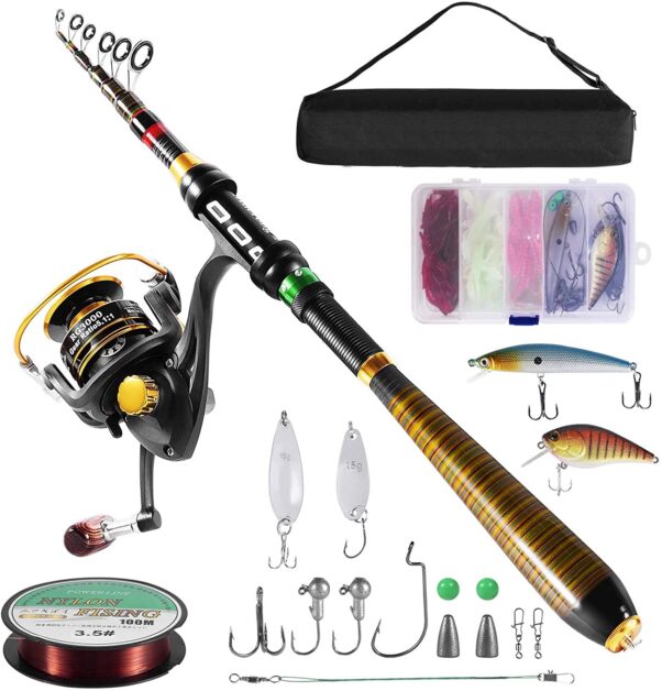 Milerong Carbon Fiber Telescopic Fishing Pole with Stainless Steel Spinning Fishing Reel