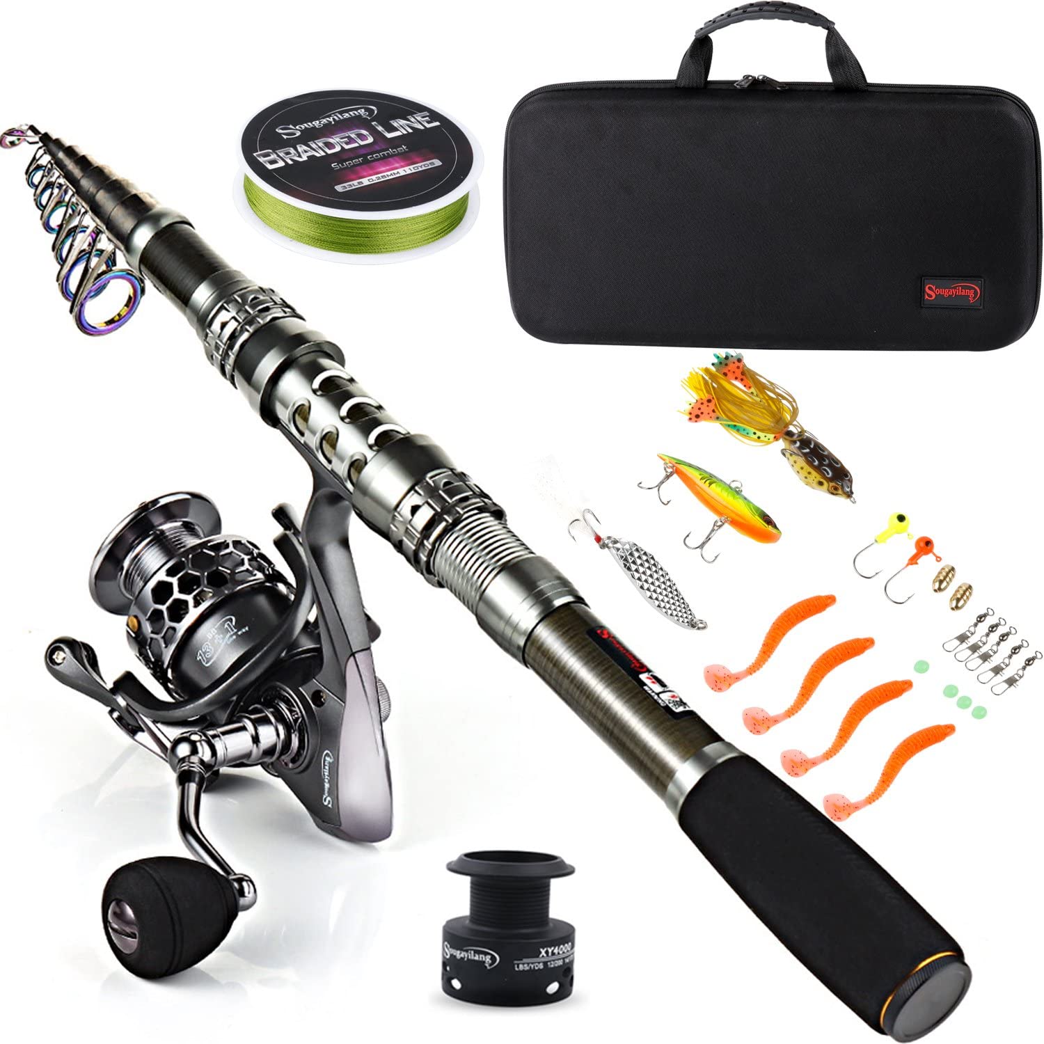 Sougayilang Fishing Rod Combo Telescopic Fishing Pole Spinning Reel Fishing Carrier Bag Travel Fishing