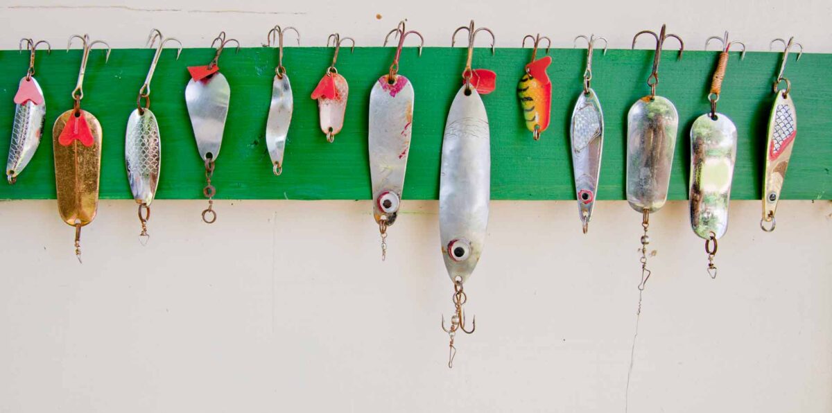 Clean fishing lures in a row