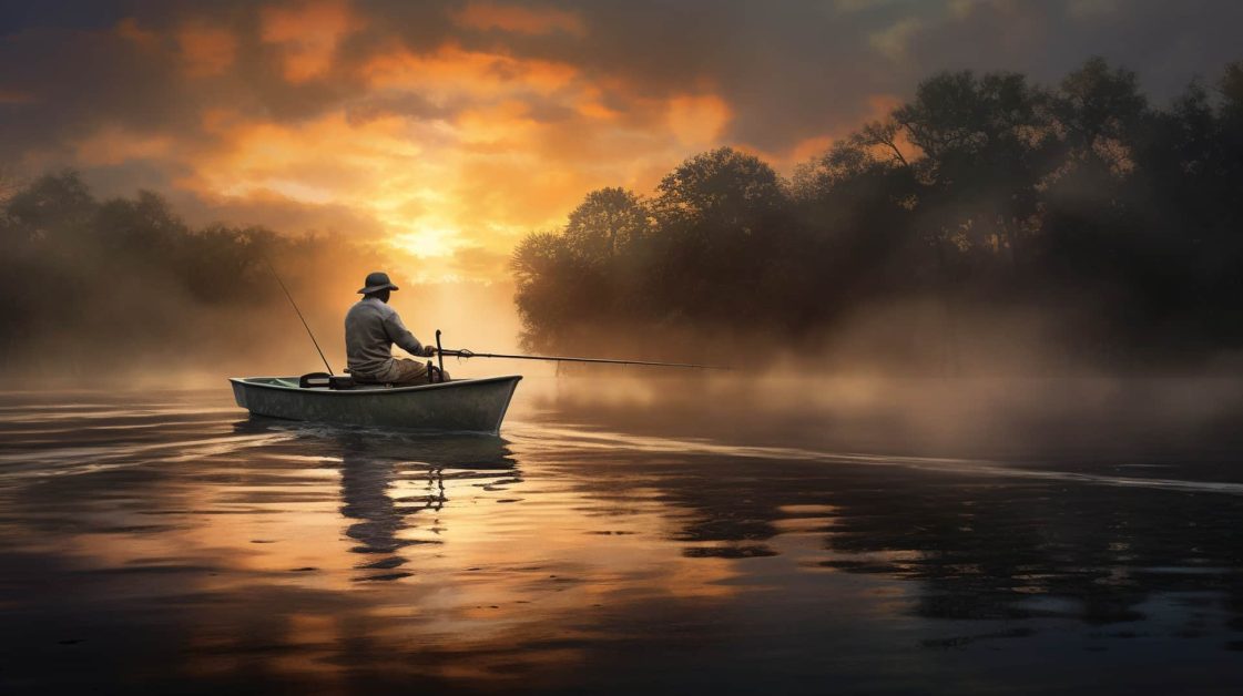 Man on a lake catching white bass