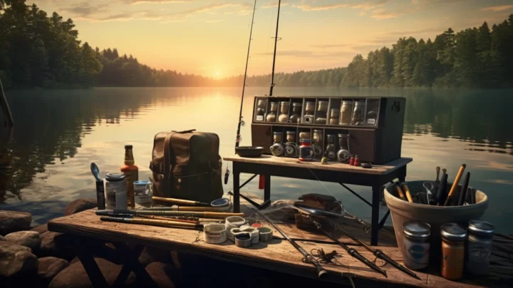 a variety of bass fishing equipment on a fishing deck next to the lake with the sun rising in the blackground.