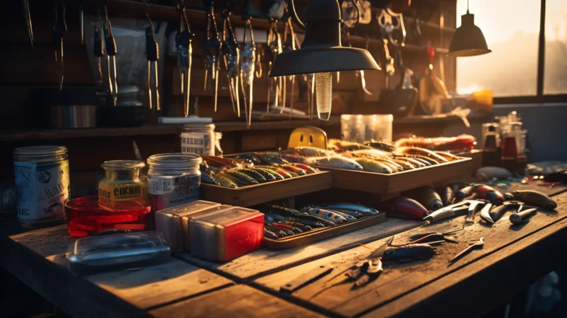 fishing terminal tackle laid out in a shed